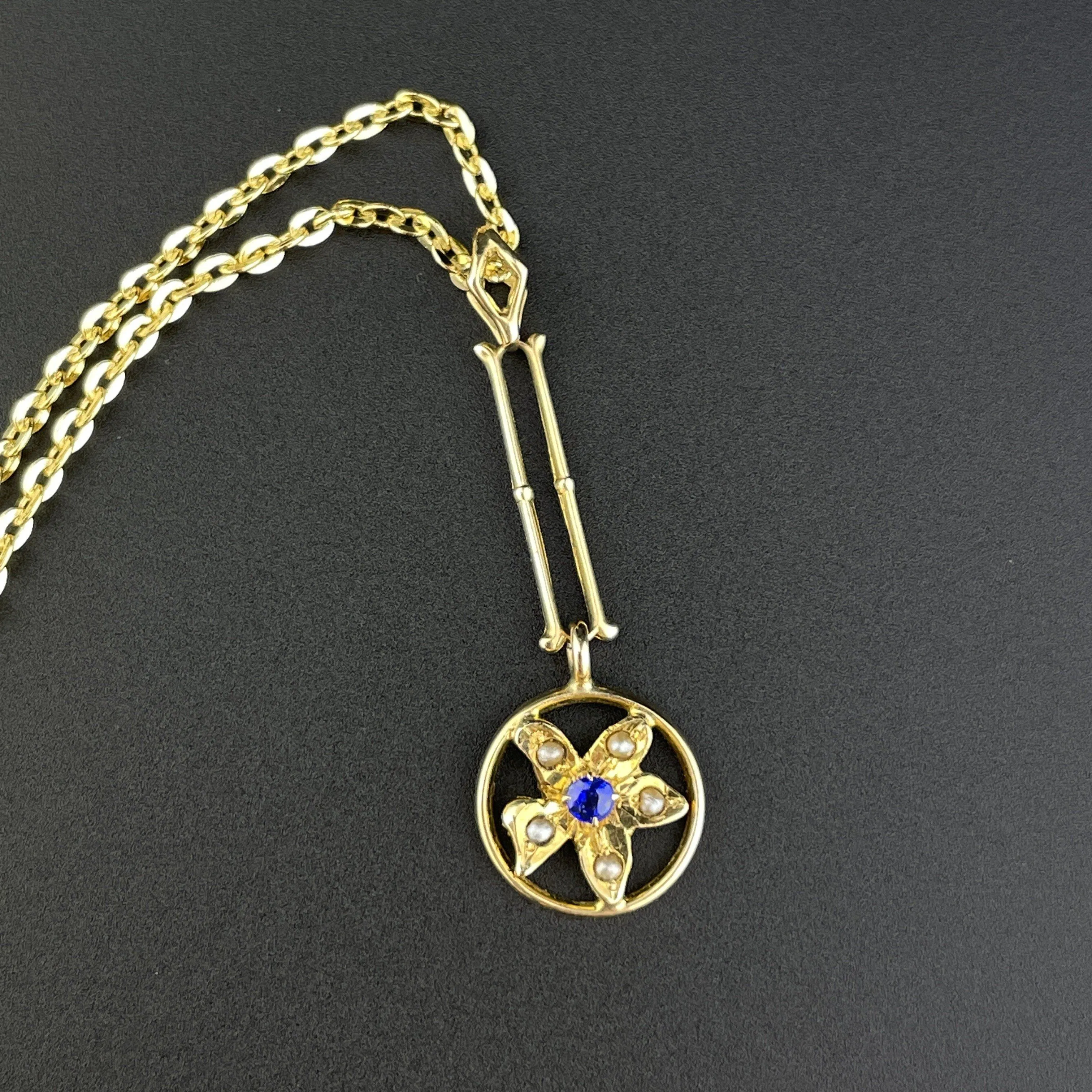 Vintage 10K Gold Simulated Sapphire Star Lavaliere Pendant Necklace