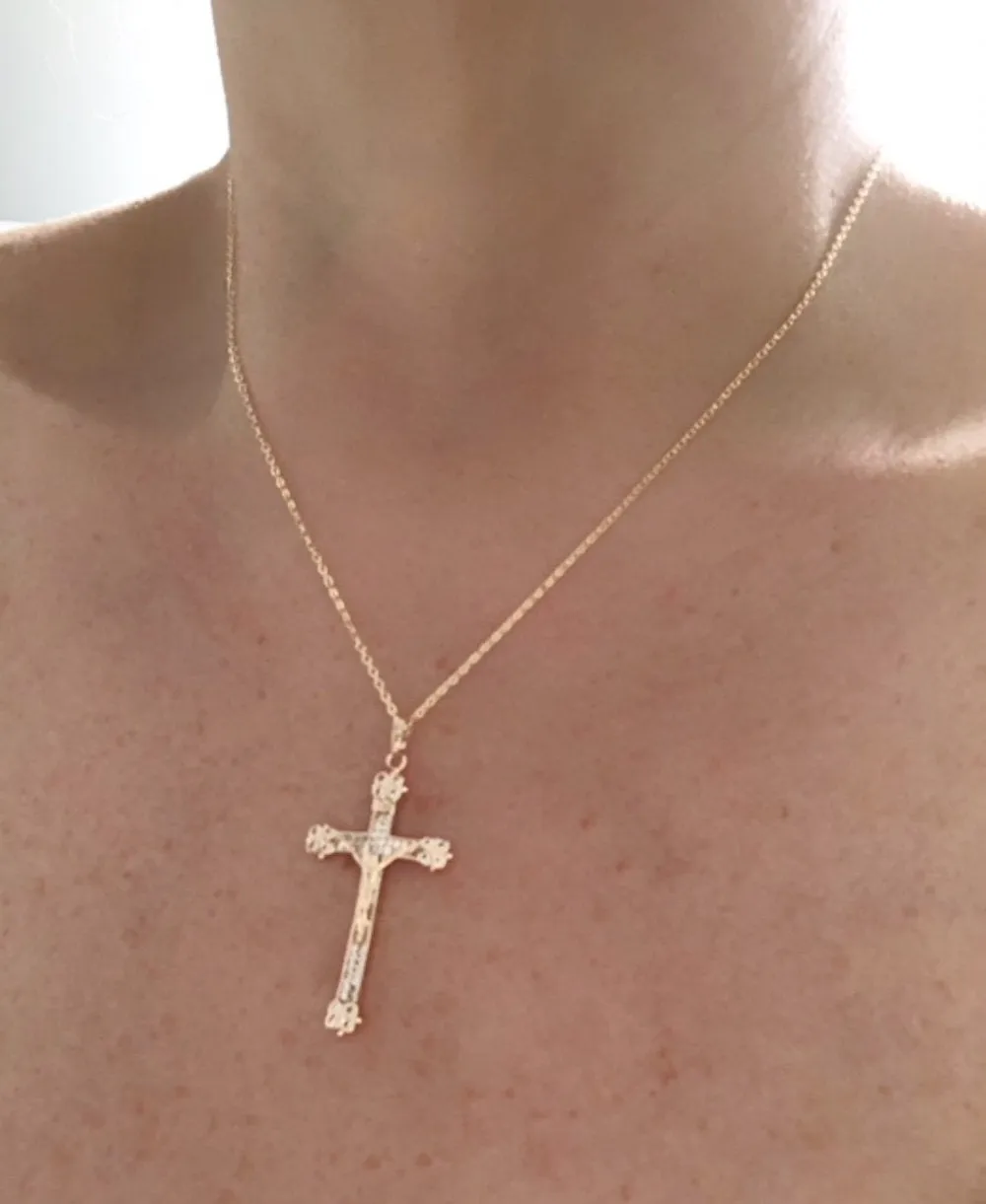 Vintage Style Cross Necklace, 18k Gold Plated Crucifix Pendant, Big Cross Charm, Catholic Gifts, Jesus Charm, Vintage Cross Choker, For Her