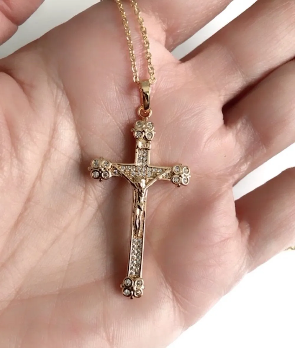 Vintage Style Cross Necklace, 18k Gold Plated Crucifix Pendant, Big Cross Charm, Catholic Gifts, Jesus Charm, Vintage Cross Choker, For Her