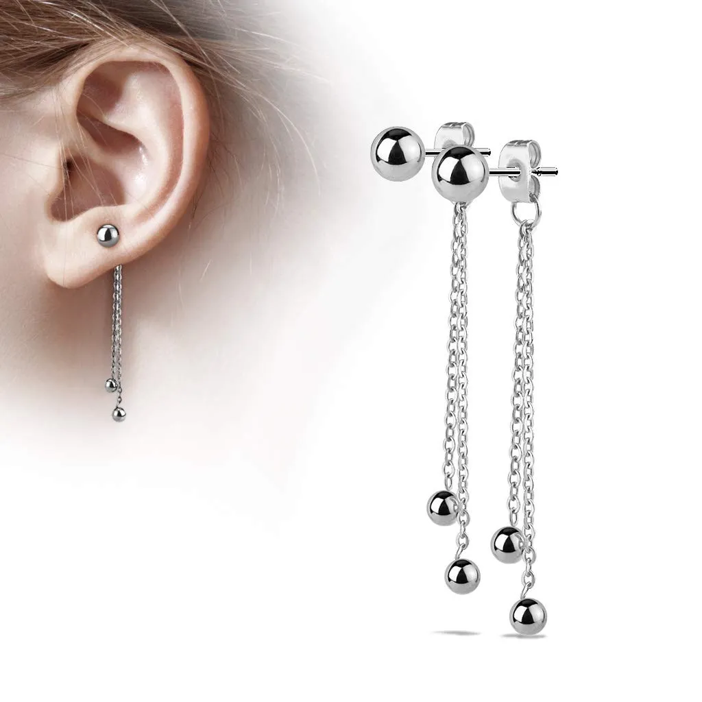 WildKlass Pair of Two Chained Free Falling Steel Balls Attached to Butterfly Clutch of a Stainless Steel Ball Earring Stud